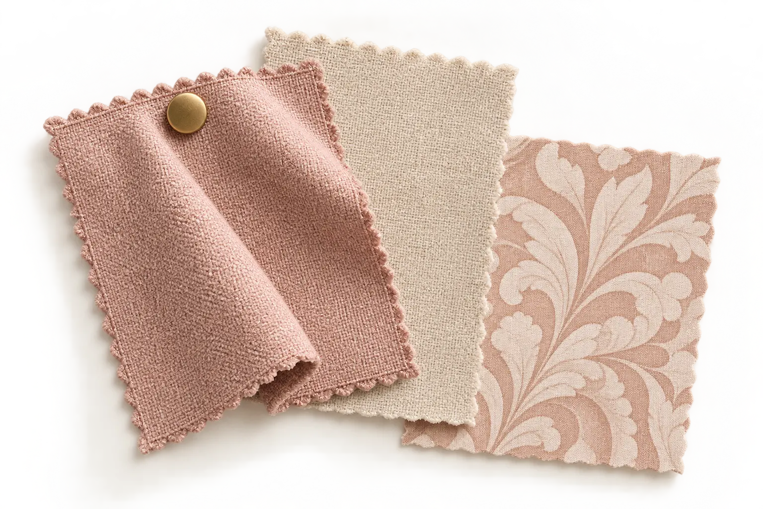 Három egymást átfedő anyagminta: poros rózsaszín, krémszínű és rózsás mintás textil.